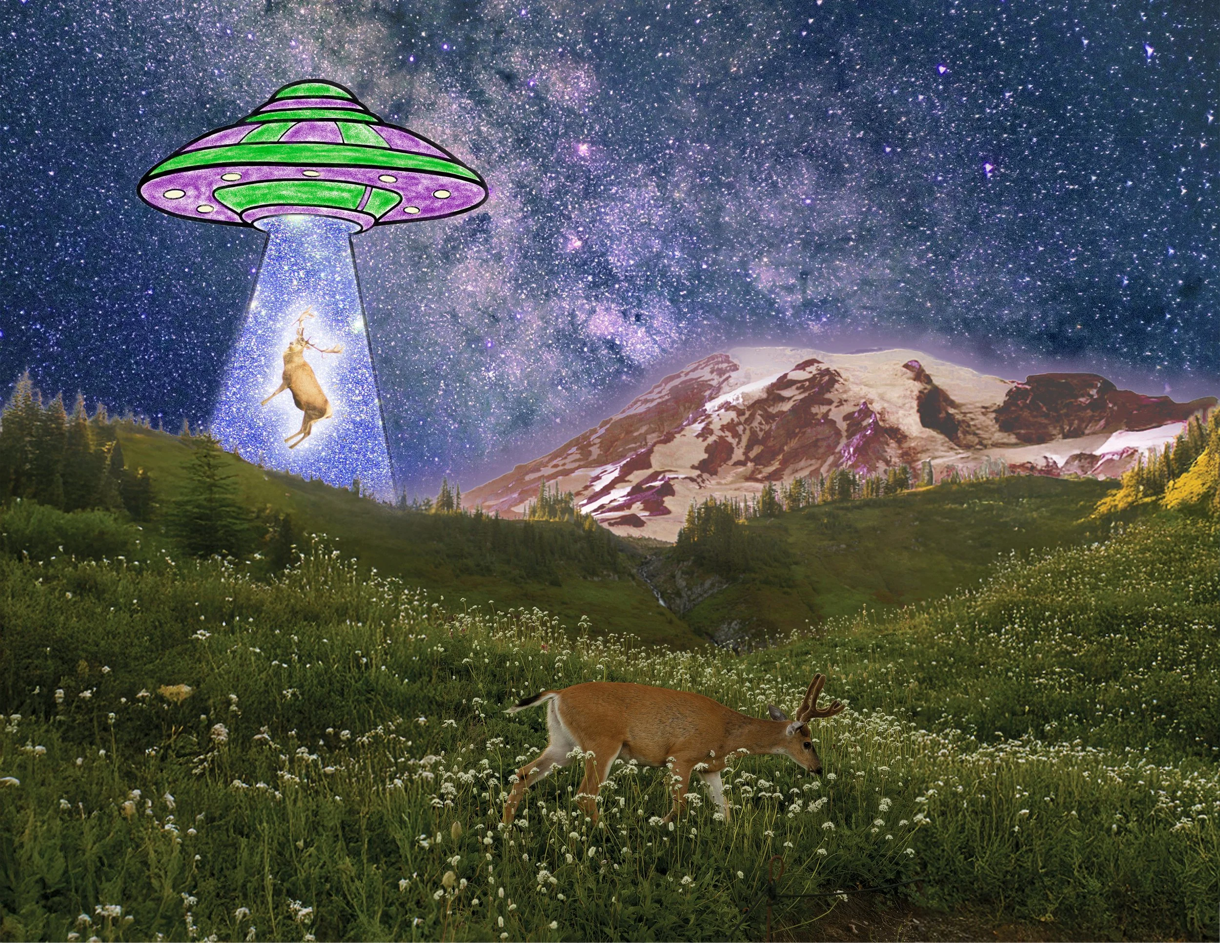 deer being abducted into cartoon ufo with mountain and galaxy background