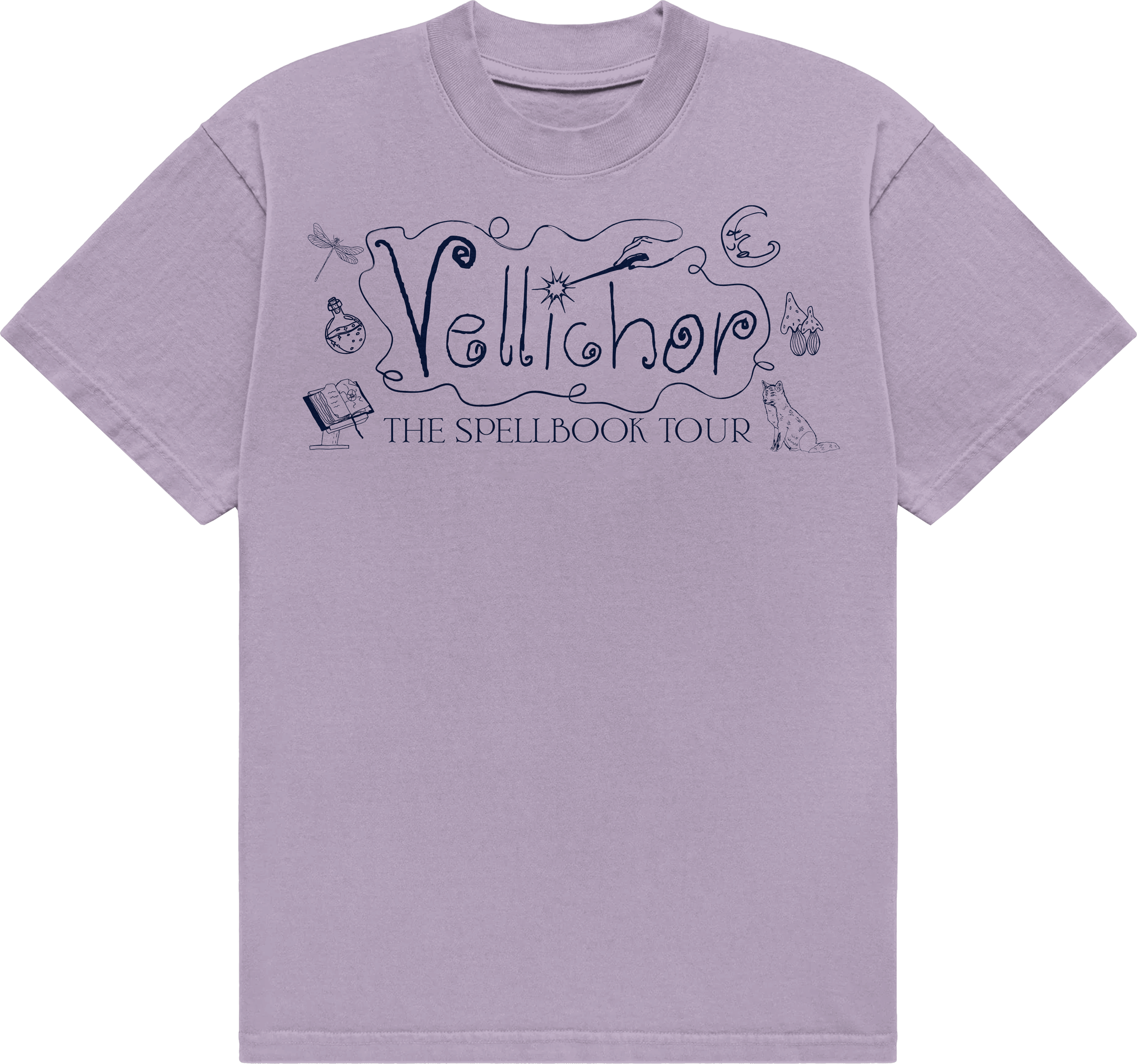 light purple t shirt with vellichor logo, spellbook tour subheading, and handrawn line art