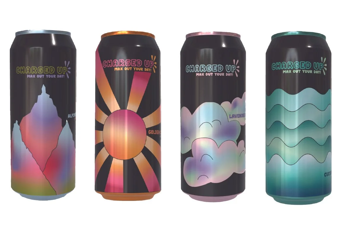 Four black energy drink cans with colorful abstract designs and the words "Charged Up. Max Out Your Day!" on each, featuring different patterns and colors.