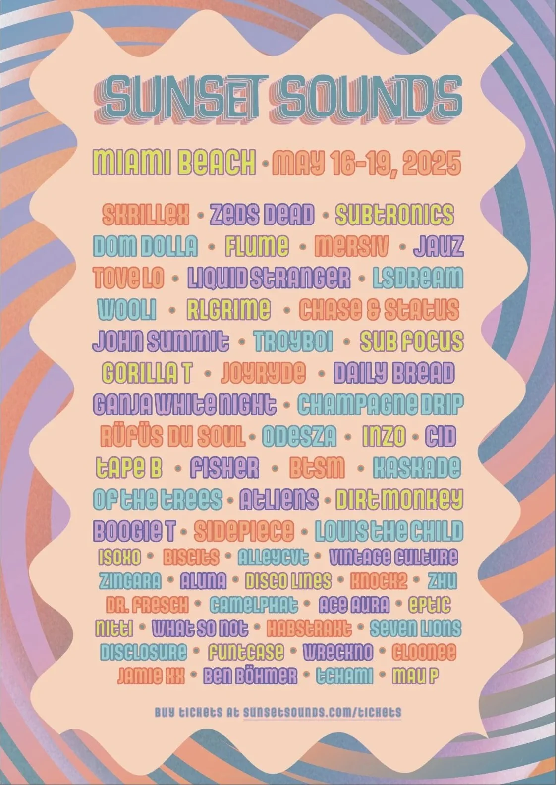 A colorful promotional poster for Sunset Sounds music festival in Miami Beach from May 16-19, 2025, listing various musical artists and vendors in vibrant, playful typography.