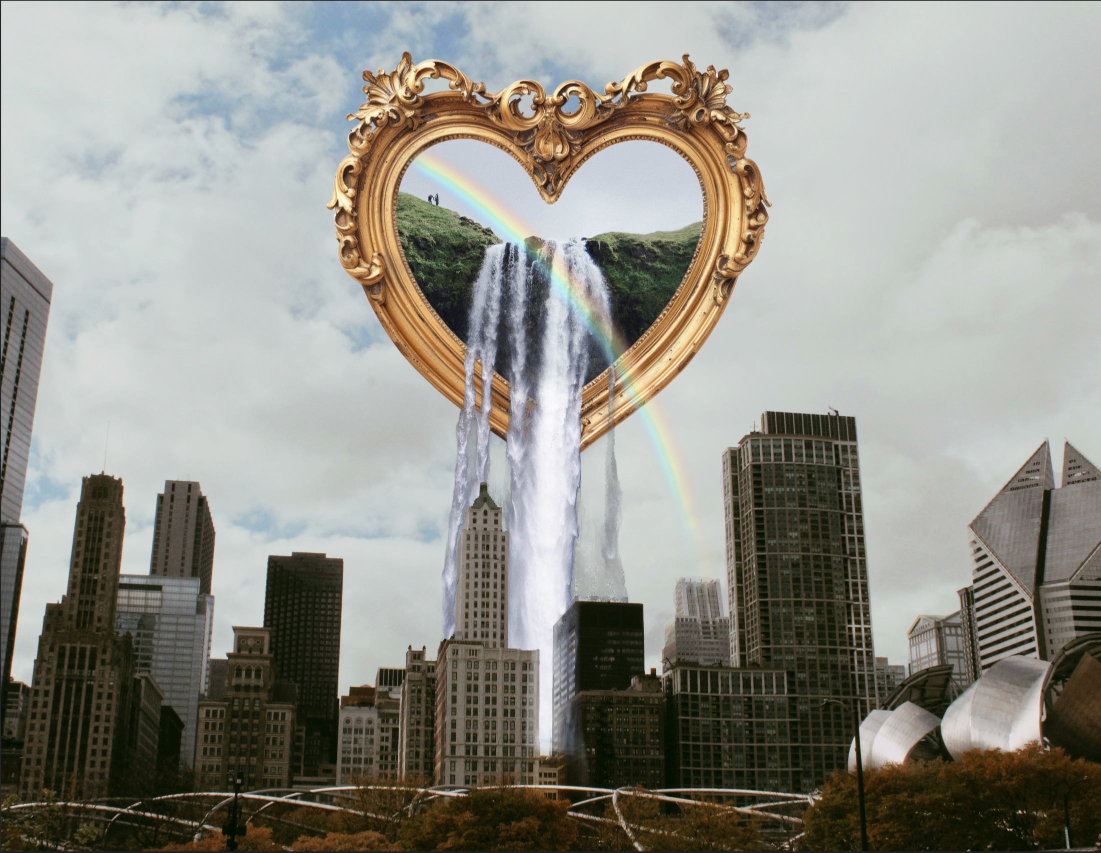 waterfall coming out of gold ornamental heart shaped frame over a city skyline