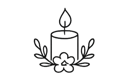 Simple black and white line drawing of a candle with a flame, surrounded by decorative leaves and a clover-shaped design at the base.