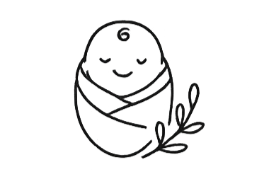 A cute, illustrated baby wrapped in a blanket with closed eyes and a smile, accompanied by a small branch with leaves.