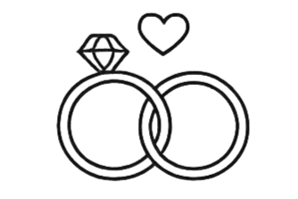 Drawing of two wedding rings, a diamond, and a heart symbol.
