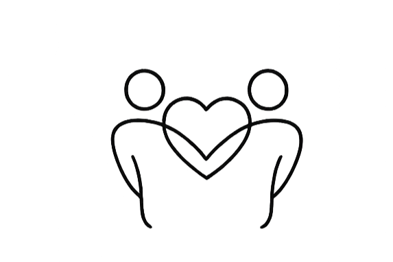 Line drawing of two people facing each other with a heart in between them.