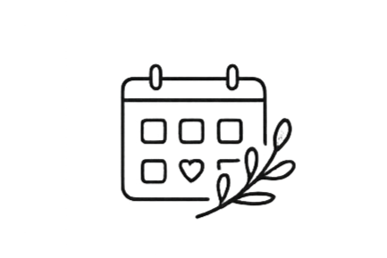 A calendar icon with a heart in the center and a decorative branch nearby.