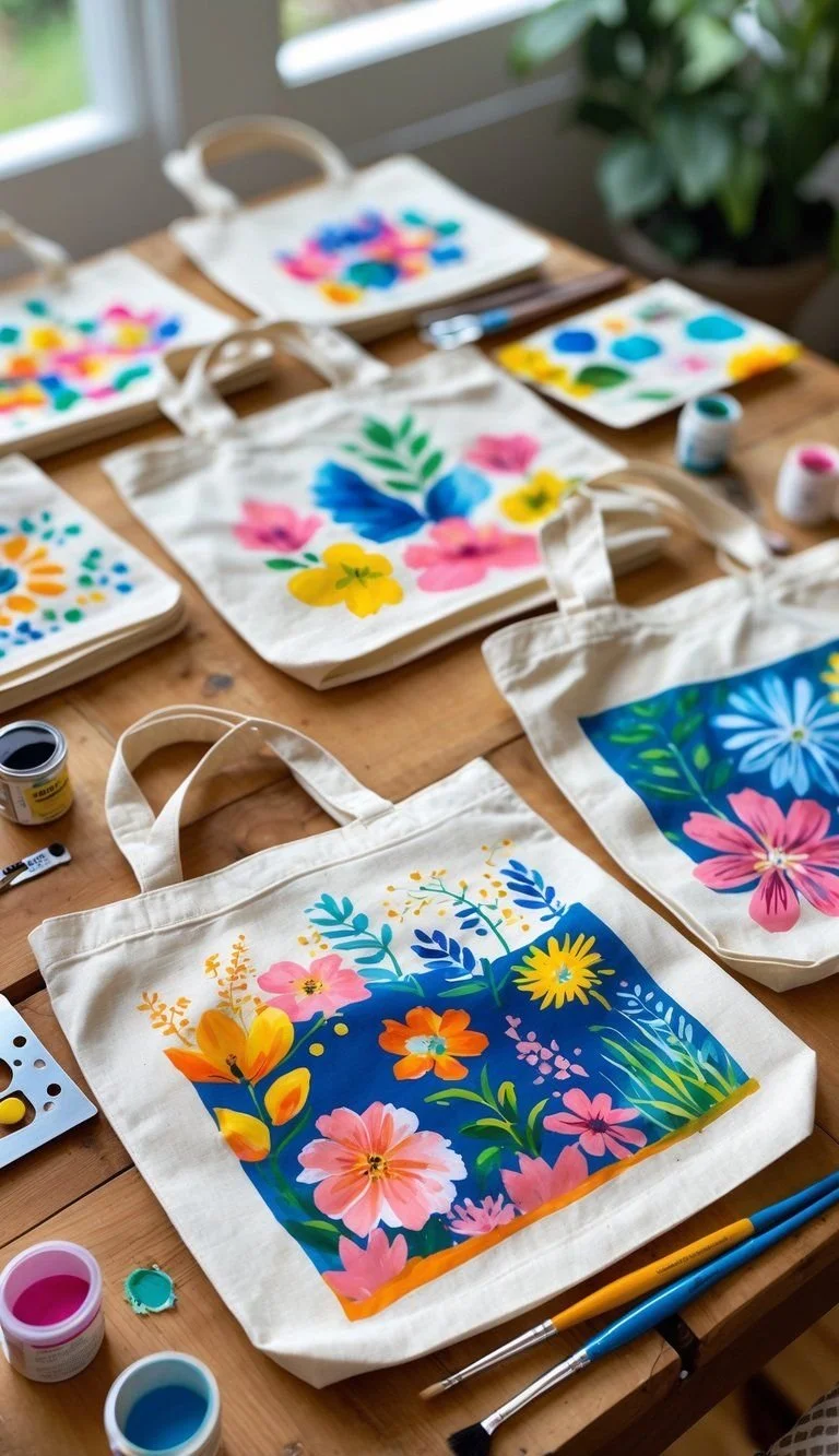 Colorful floral designs on canvas tote bags, surrounded by paint supplies on a wooden table.