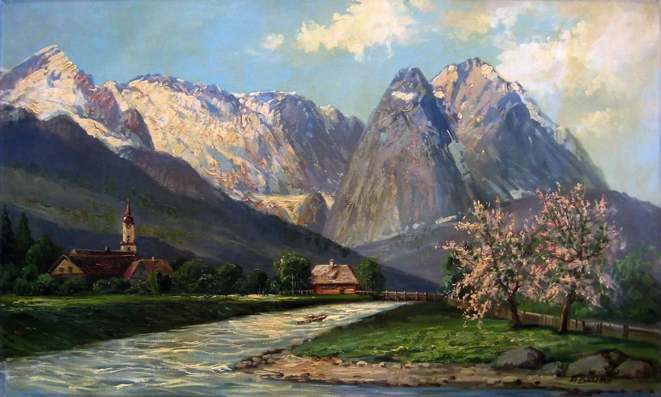 A landscape painting of a mountainous region with snow-capped peaks, a small village with a church, lush green trees, and a river in the foreground, under a partly cloudy sky.