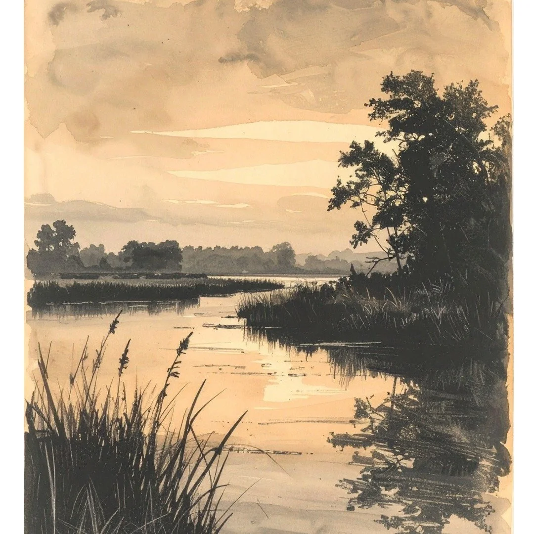 A watercolor painting of a calm river at sunset with trees and tall grass along the riverbank.