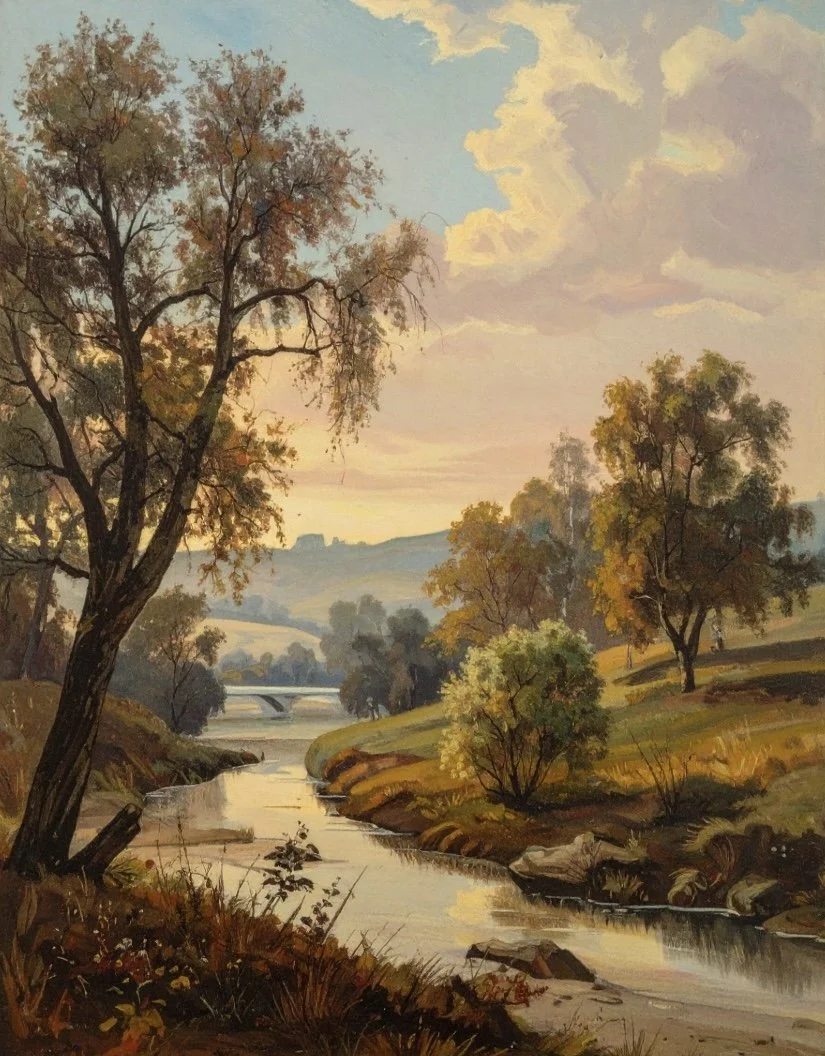 A serene landscape painting of a river flowing through rolling hills with trees. The sky is partly cloudy with warm hues, suggesting late afternoon or early evening.