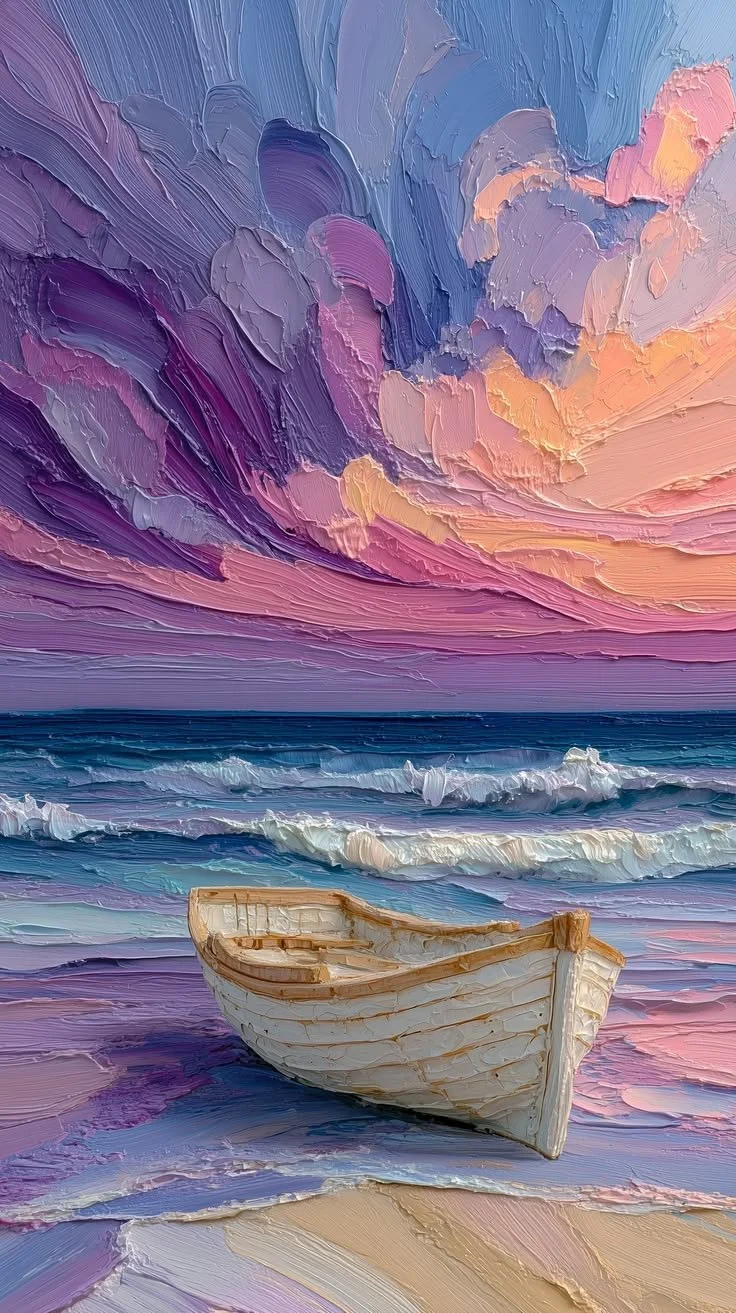 A painting of a beach scene with a wooden boat on the shore, colorful clouds in the sky, and ocean waves, created with thick, textured brushstrokes.