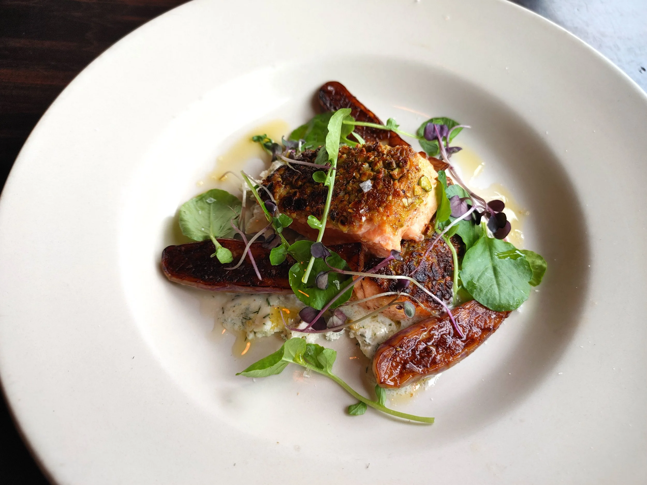 Copper River Salmon with fairytale eggplant and arugula
