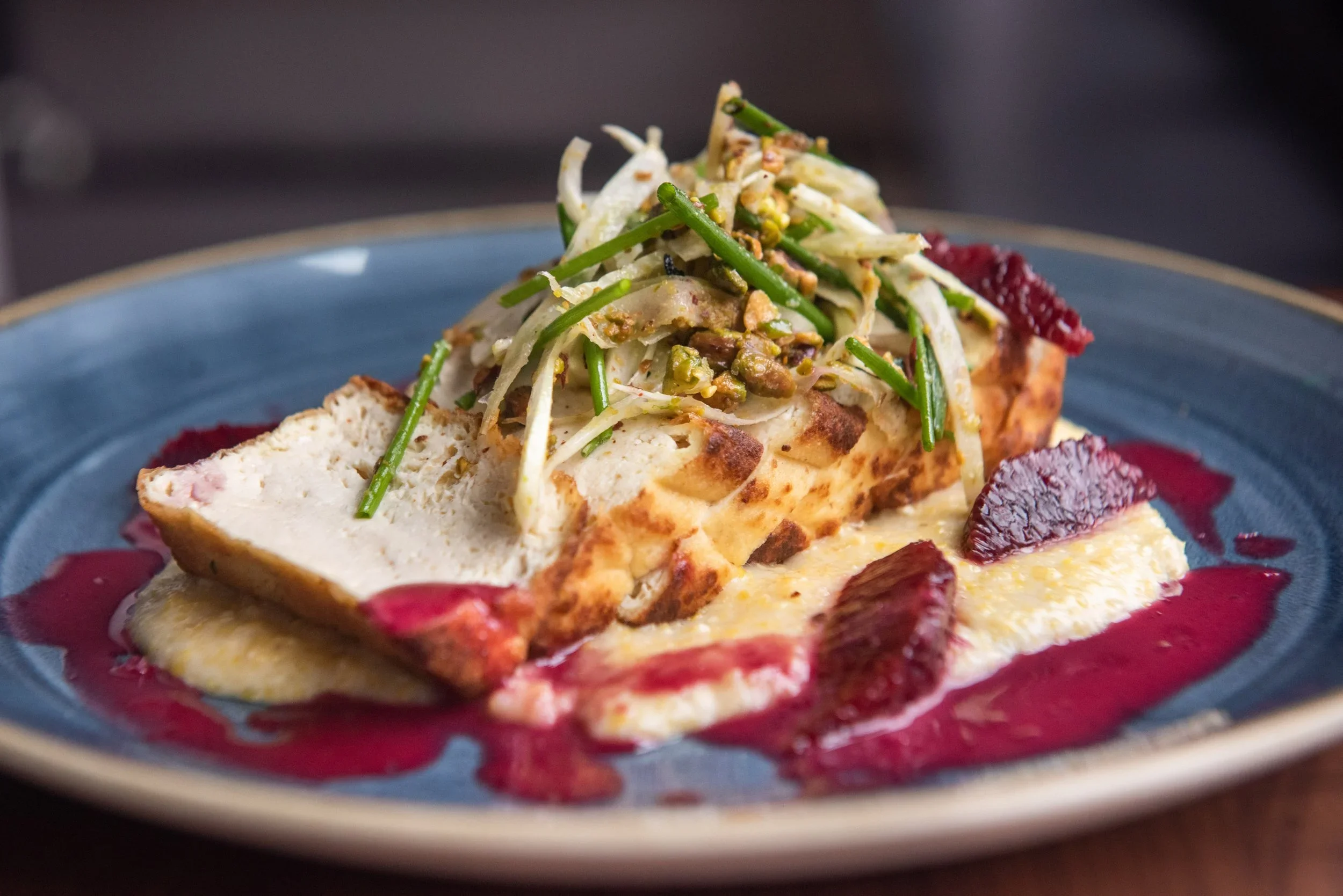 Seared tofu with polenta and blood orange