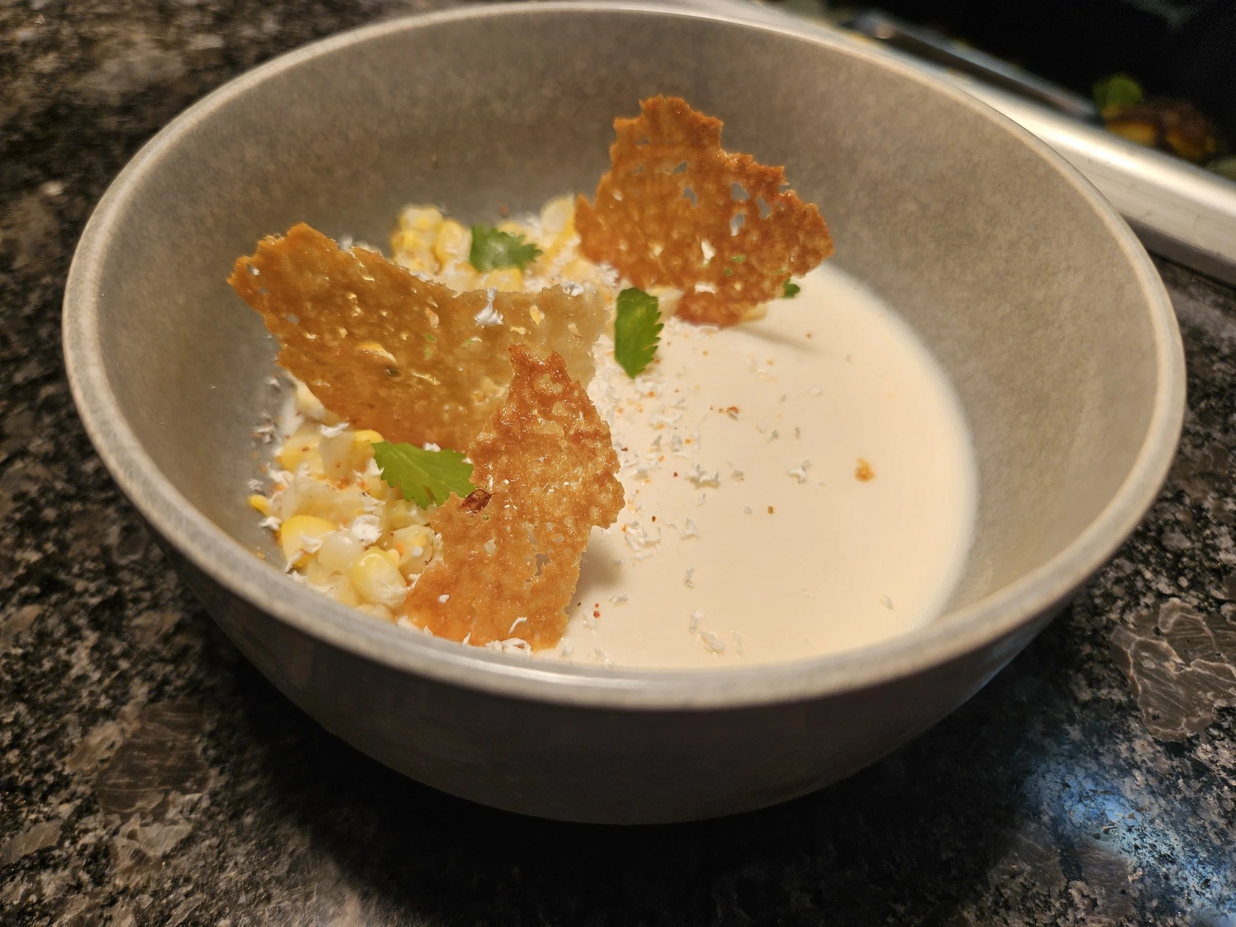 Sweet corn panna cotta with lime, tajin, and white chocolate