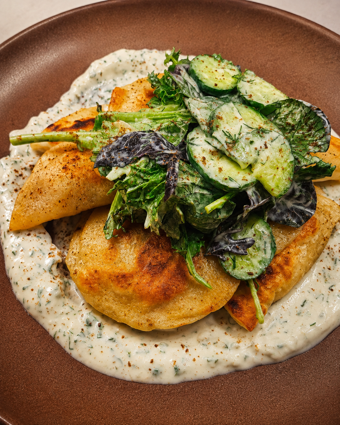 Caramelized Leek & potato pierogi, cucumber salad, dill yogurt sauce