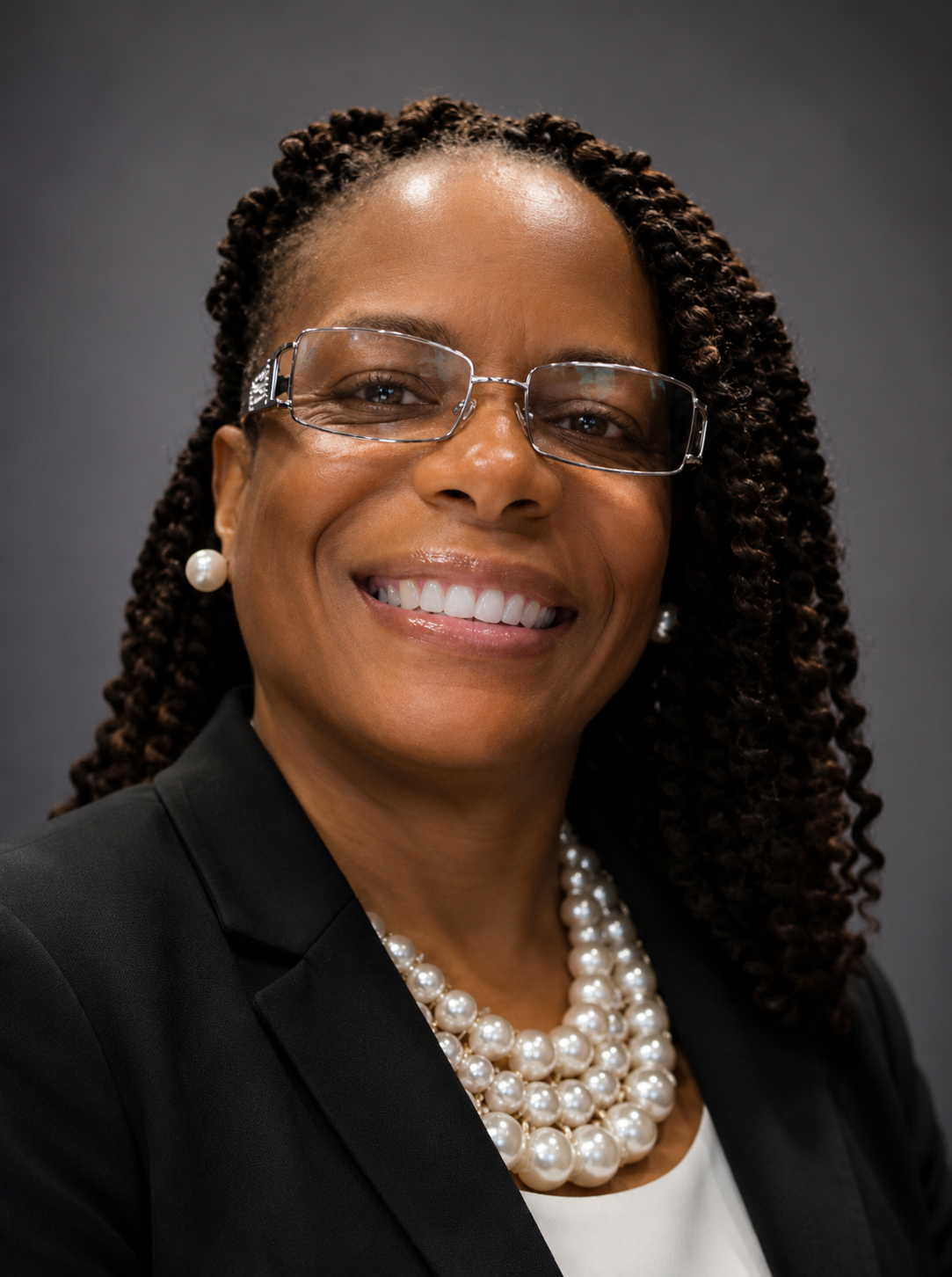 A smiling Black woman wearing glasses, pearl jewelry, a black blazer, and a white top against a gray background.