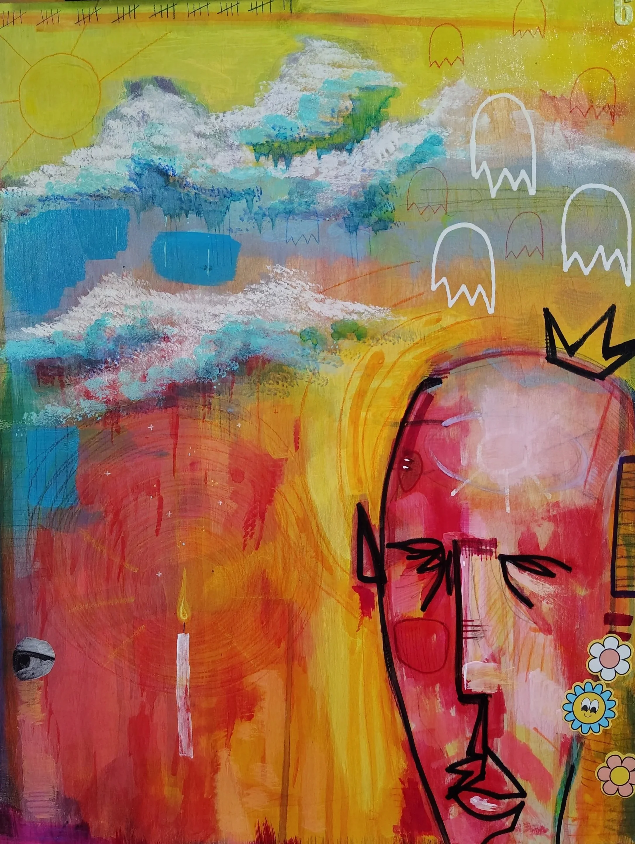 Colorful abstract drawing featuring a partially visible face with pink skin tone, black outline, and closed eyes at the bottom right. The background is predominantly yellow and orange with splashes of blue, green, and white, depicting a sky with clouds, a bright sun, and floating shapes resembling jellyfish or ghost-like figures. There are also small flower stickers on the bottom right corner.