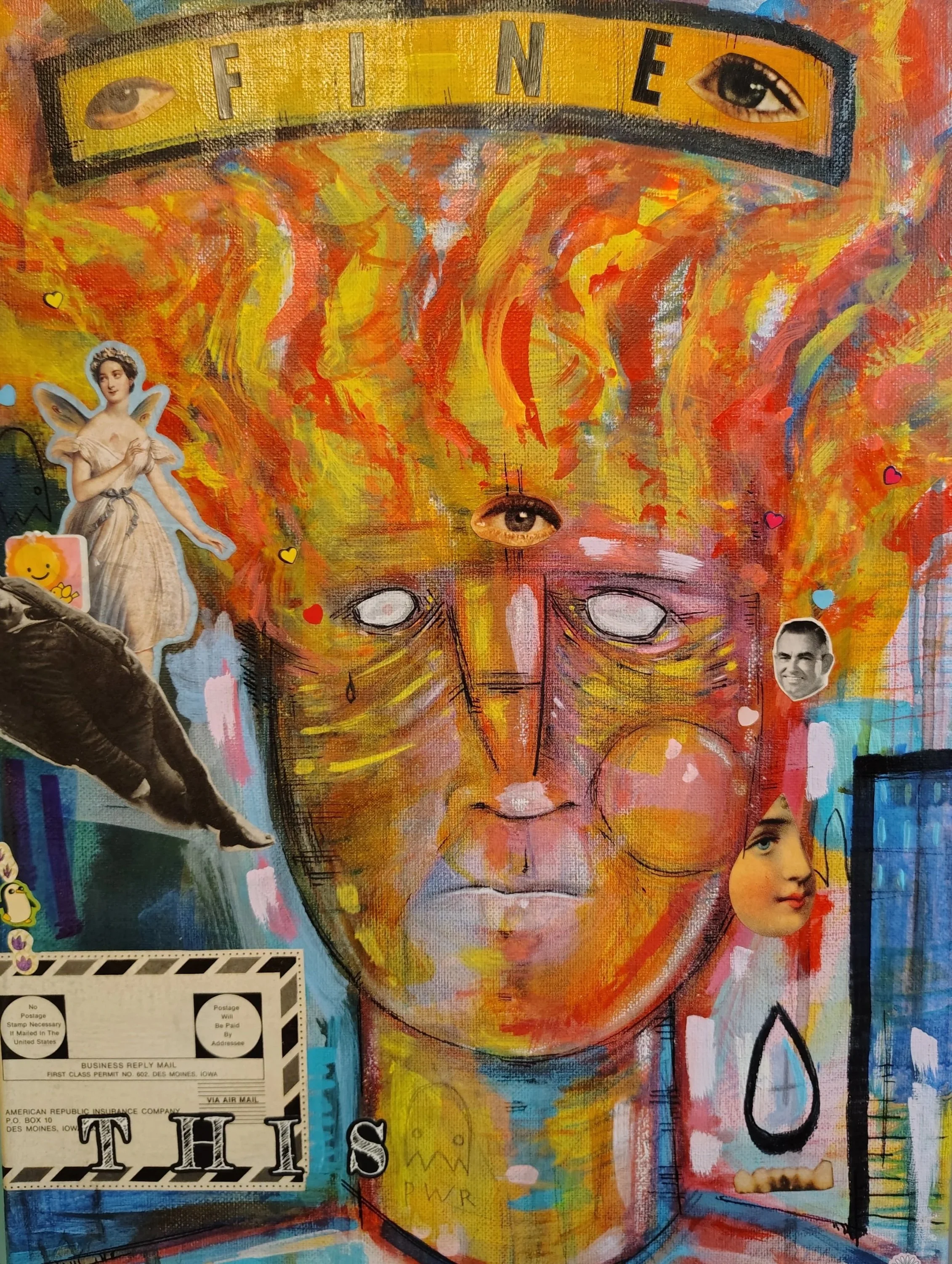 A colorful abstract painting of a face with multiple eyes painted over a bright background, with various stickers and collage elements such as a vintage woman with wings, a qq stamp, and a black and white photograph of a man's face.