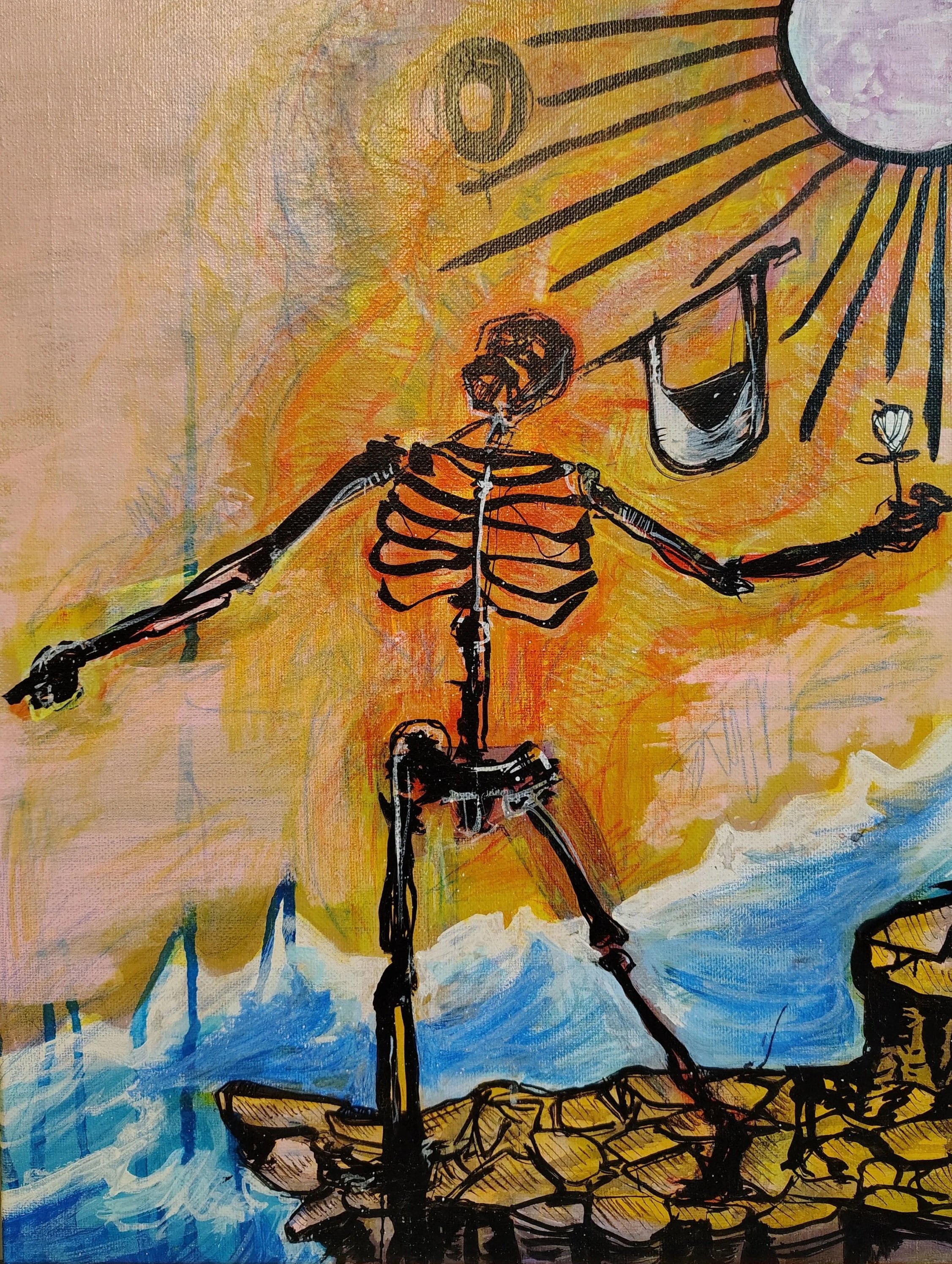 Colorful abstract painting of a skeleton holding a flower, standing on a cracked surface with a radiant sun in the background.