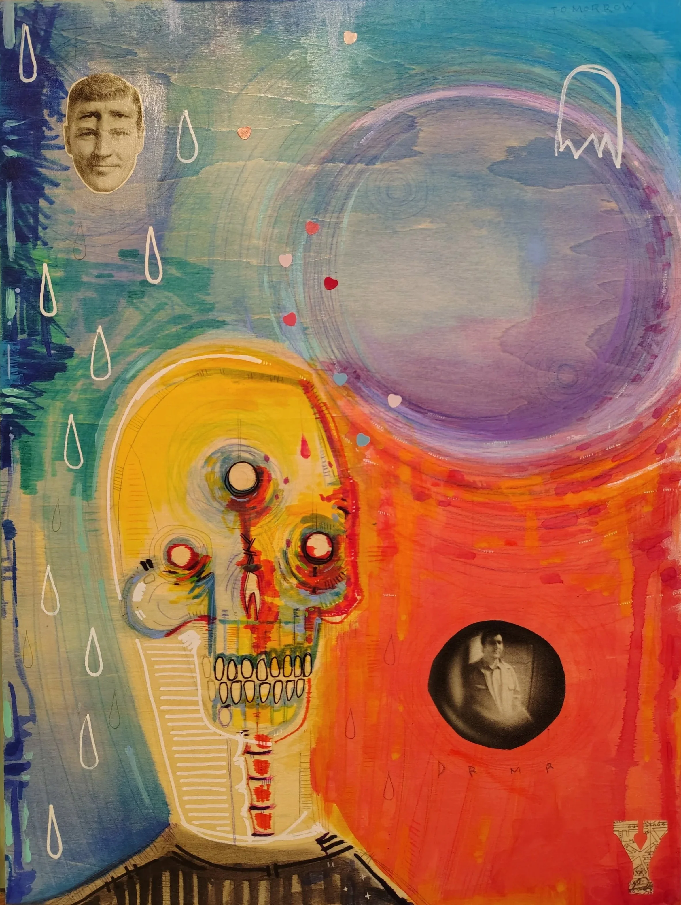 A colorful abstract artwork combining a painted rainbow, a skull, a collage photo of a woman, and various doodles including hearts, raindrops, and clock elements.