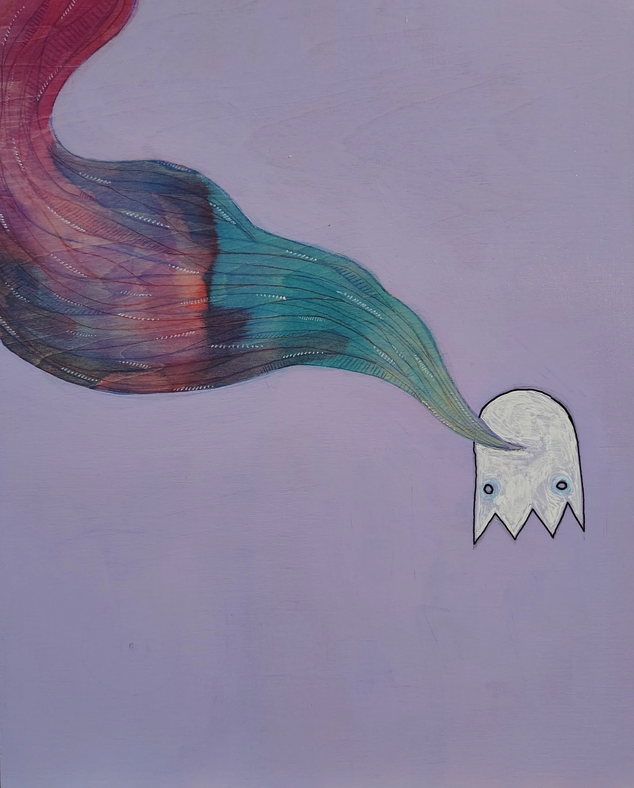 A drawing of a ghost with colorful rainbow-like hair and a white body, large blue eyes, and three black dots for a nose and mouth, holding a white balloon against a light purple background.