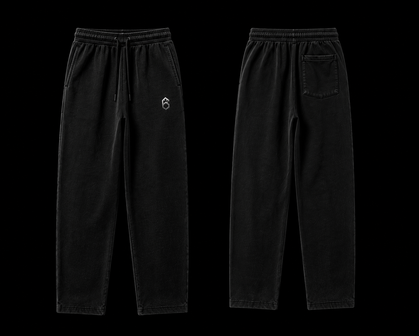 Pair of black pants with drawstrings, one front and one back view, set against a black background.