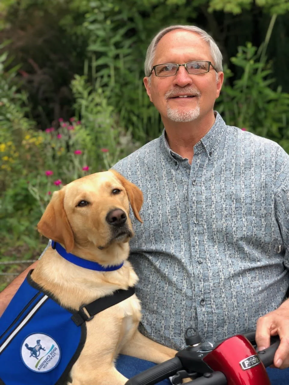 A man with glasses and gray hair, wearing a patterned button-up shirt, smiling outdoors beside a service dog with a blue vest and yellow fur, surrounded by greenery and flowers.