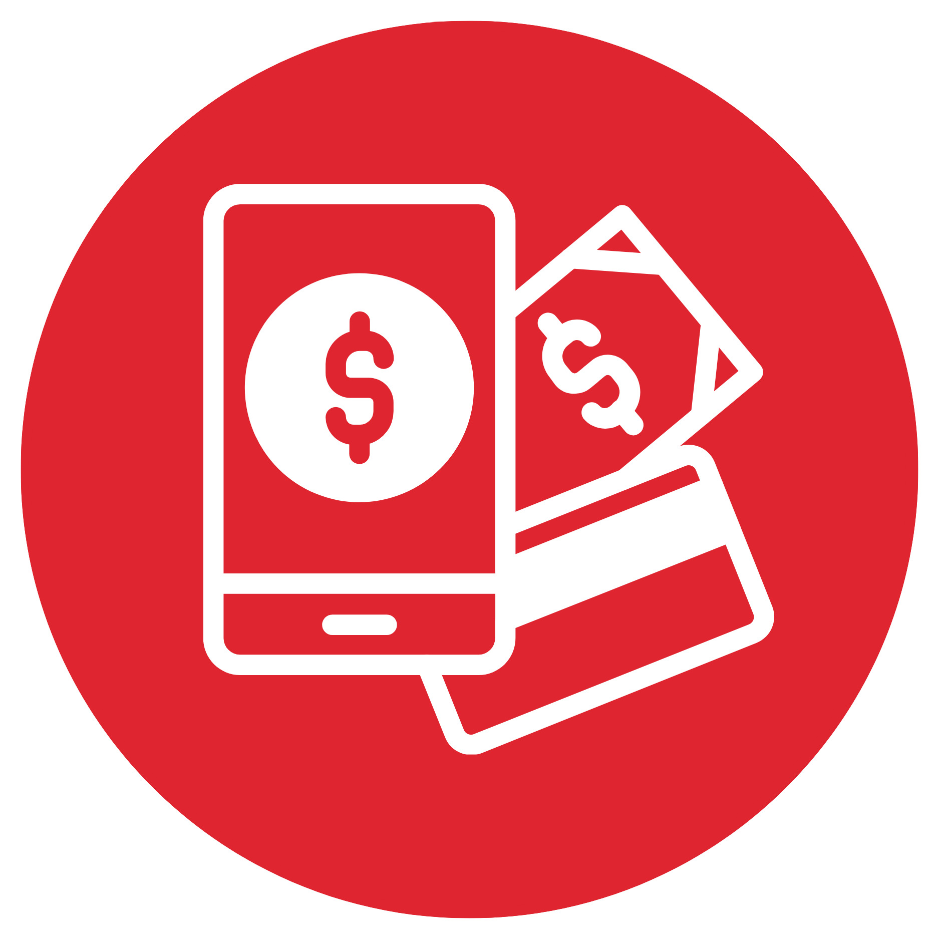 Graphic design with a smartphone showing a dollar sign, and dollar bills beside it, on a red circular background.