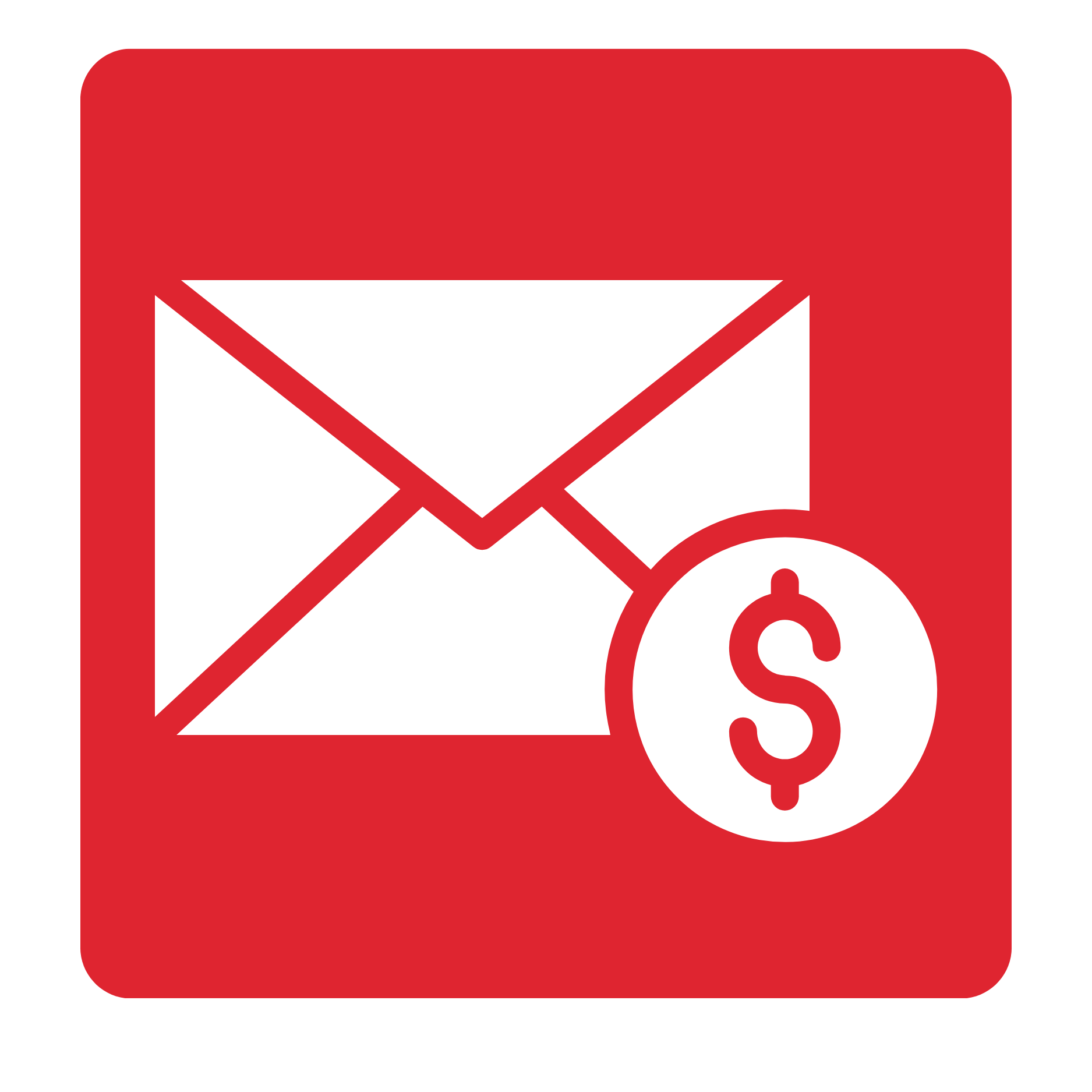 A red square icon with rounded corners featuring a white envelope and a red dollar sign in a circle in the lower right corner.