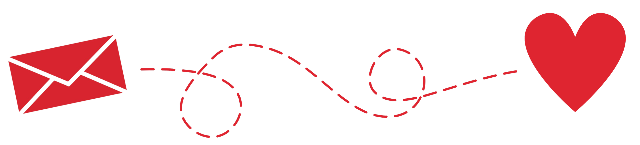 A red heart, a red paper airplane, and an envelope with a dashed flight path connecting them, symbolizing love or communication.
