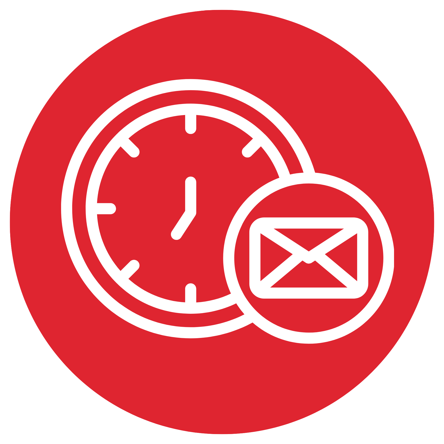Close-up of a red emergency stop button with a white clock and mail icon overlays.