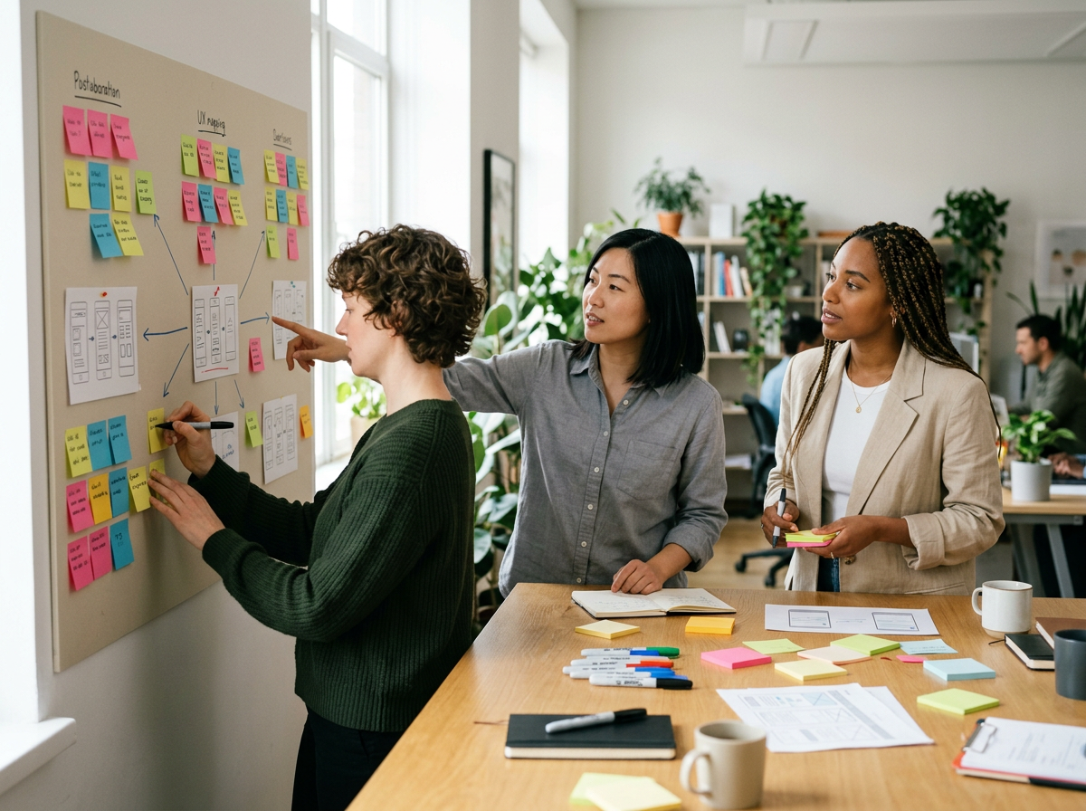 Three women working a physical workflow diagram.