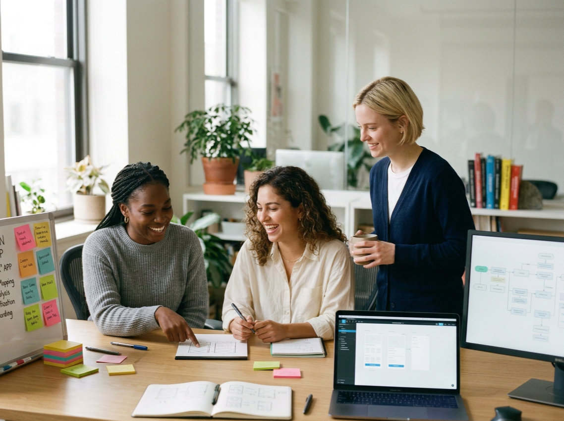 Three woman working together on a tablet cheerfully.