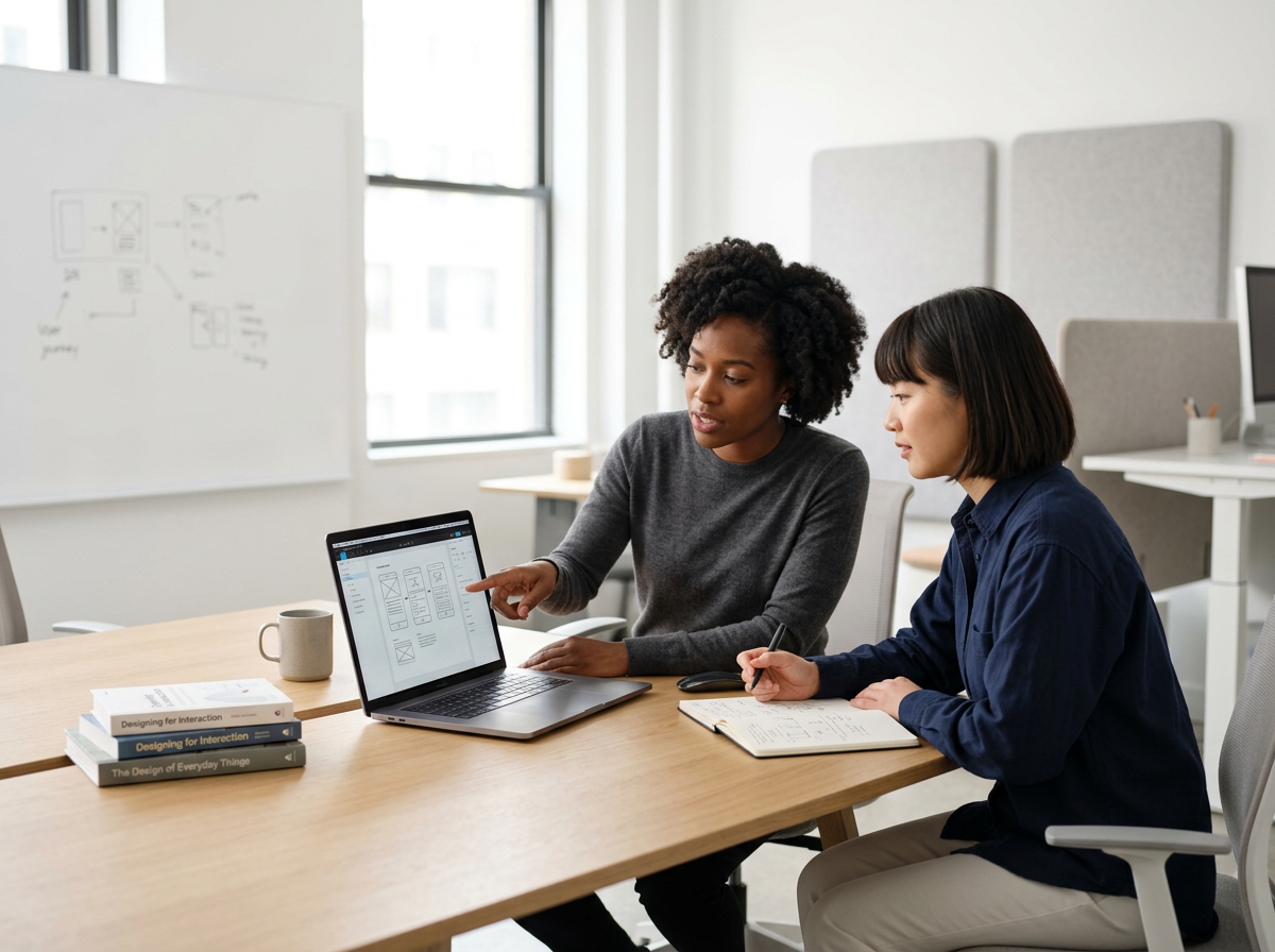 Two women working on a laptop together.
