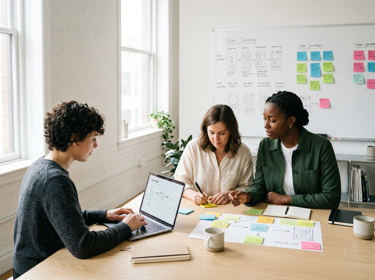 Three women working at a table together. One is working on a laptop while the other two are writing something on sticky notes.