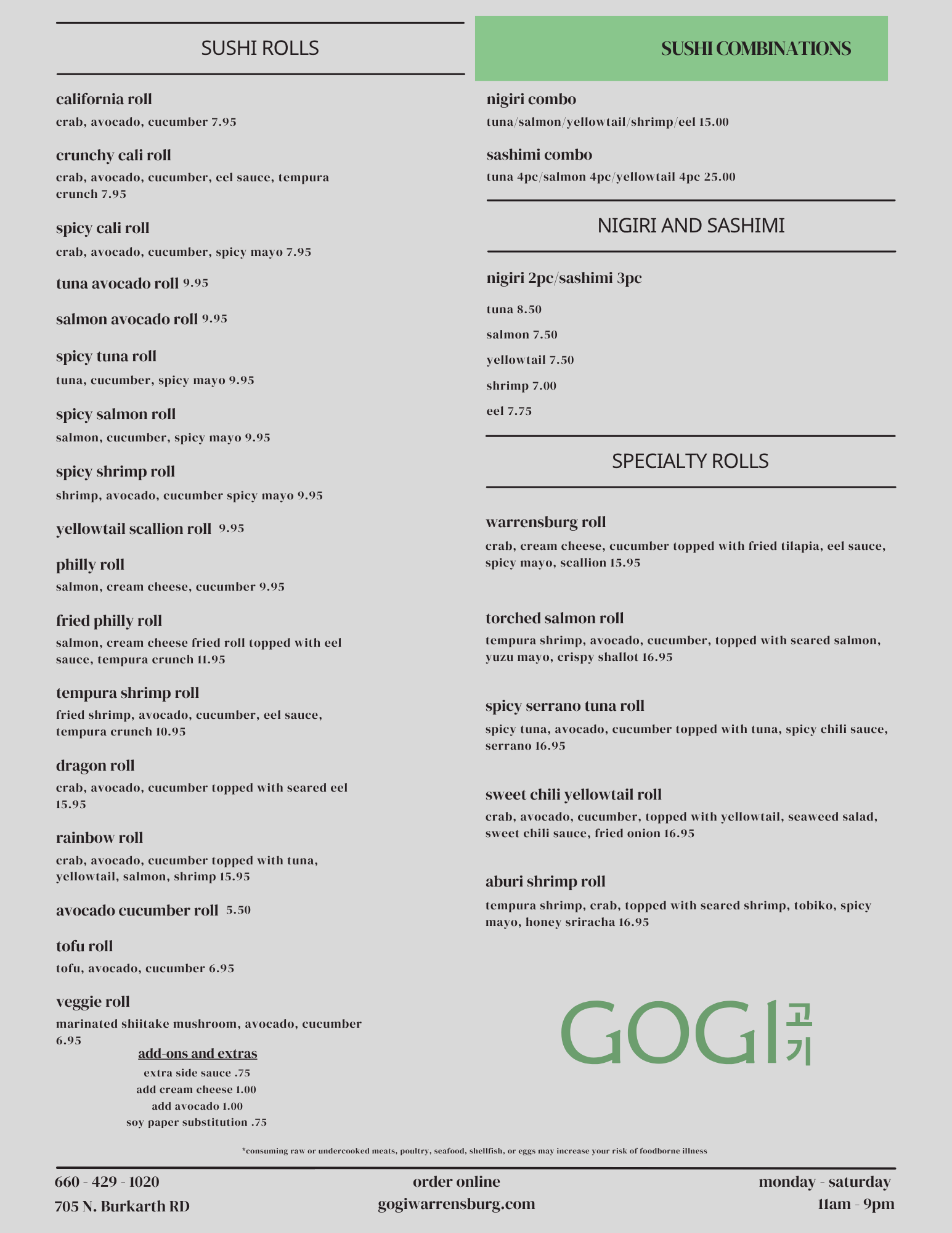 A restaurant menu listing various sushi rolls and combinations, nigiri and sashimi, specialty rolls, and add-ons with prices, at the bottom of the page, with contact information and hours of operation.
