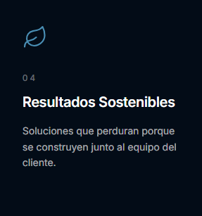 Text in Spanish about sustainable results, solutions lasting with the client's team, with a leaf icon at the top.