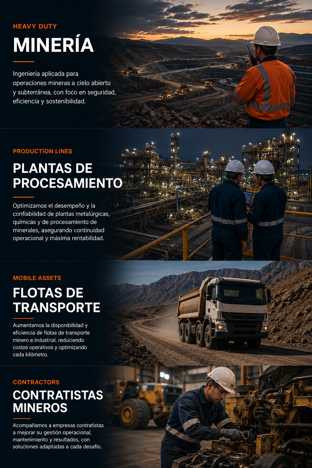 Promoción de servicios en la industria minera, incluyendo minería a cielo abierto y subterránea, plantas de procesamiento, flotas de transporte y contratación de mineros, con imágenes de operarios, plantas metalúrgicas, camiones y maquinaria en un entorno minero.
