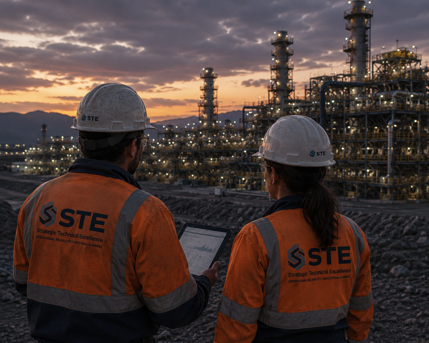 Dos ingenieros con cascos y chalecos reflectantes observan una planta industrial en atardecer, uno de ellos sostiene una tableta con gráficos.