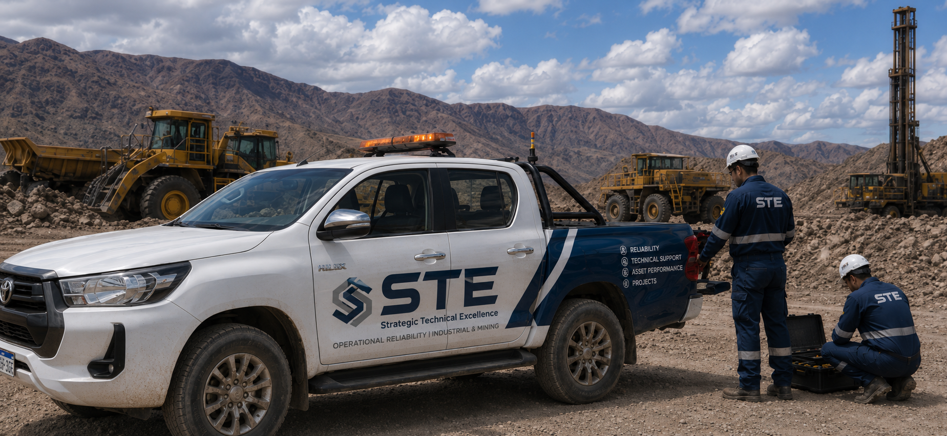 Personal de ingeniería en un sitio de excavación con maquinaria pesada de fondo, junto a un vehículo de la empresa STE, en un entorno árido con montañas y cielo nublado.
