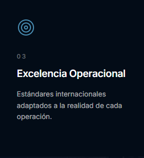 A dark-themed digital screen display with the number 03 and a target icon at the top, followed by the title 'Excelencia Operacional' and a subtitle about international standards adapted to each operation's reality in Spanish.