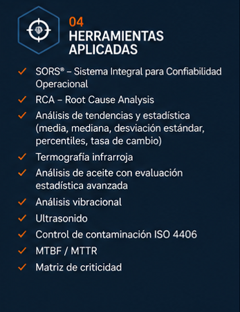 Herramientas de ingeniería y confiabilidad utilizadas para análisis y mejora operacional.