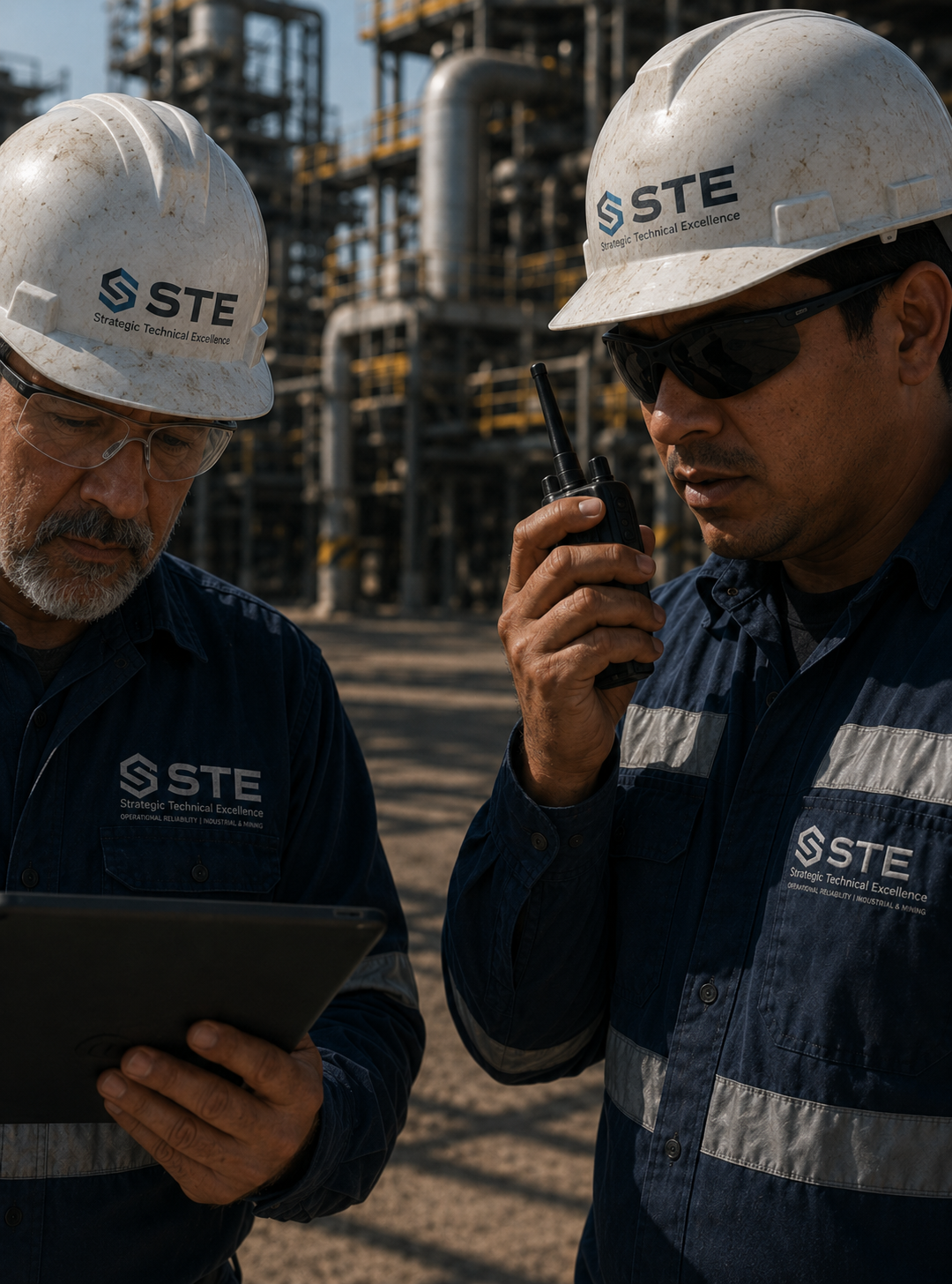 Dos trabajadores en un sitio industrial con cascos y uniformes con el logo STE, uno revisando una tableta y el otro hablando por radio.