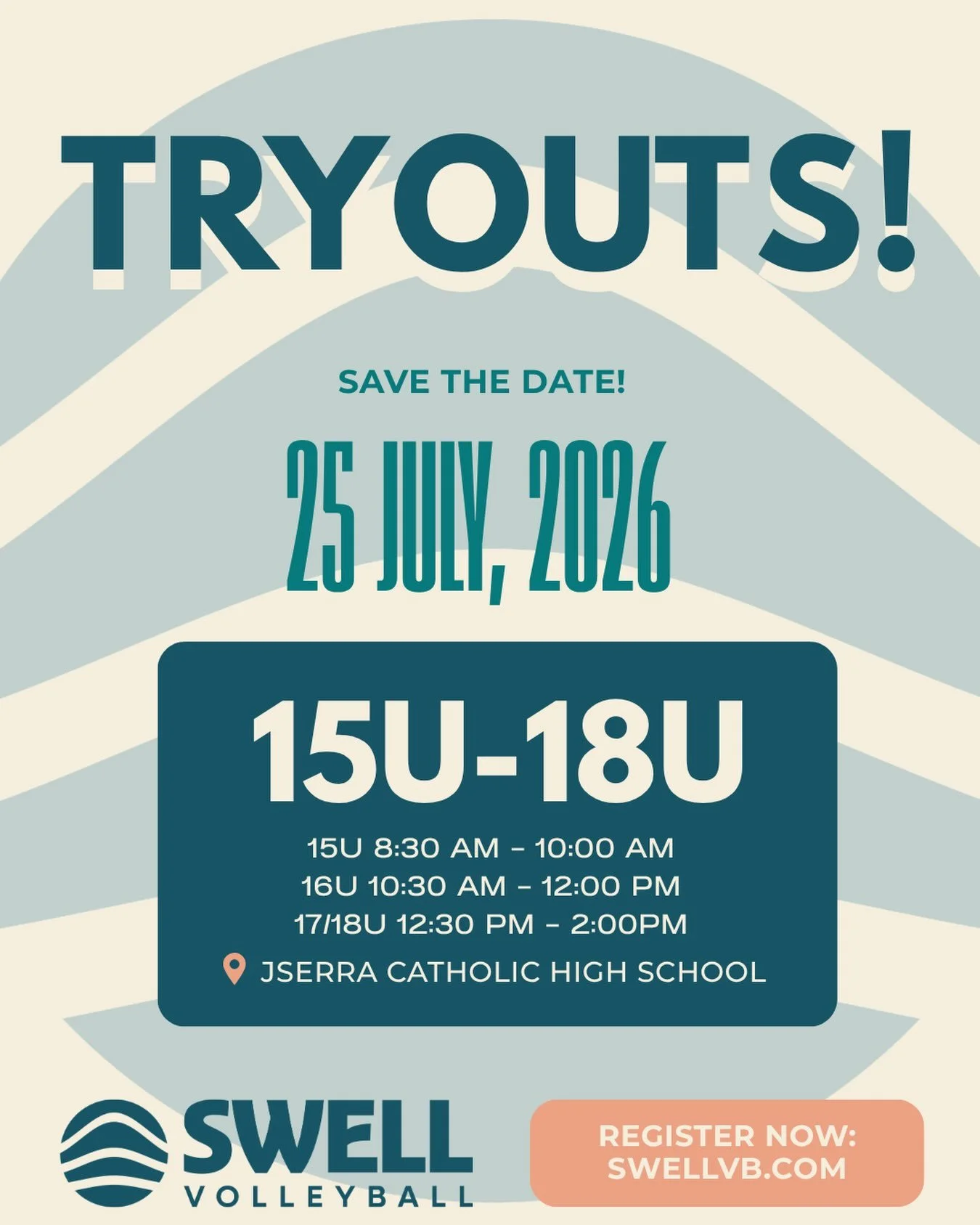 REGISTER FOR TRYOUTS

15U 8:30 AM - 10:00 AM
16U 10:30 AM - 12:00 PM
17/18U 12:30 PM - 2:00PM
JSERRA CATHOLIC HIGH SCHOOL

LINK IN BIO
