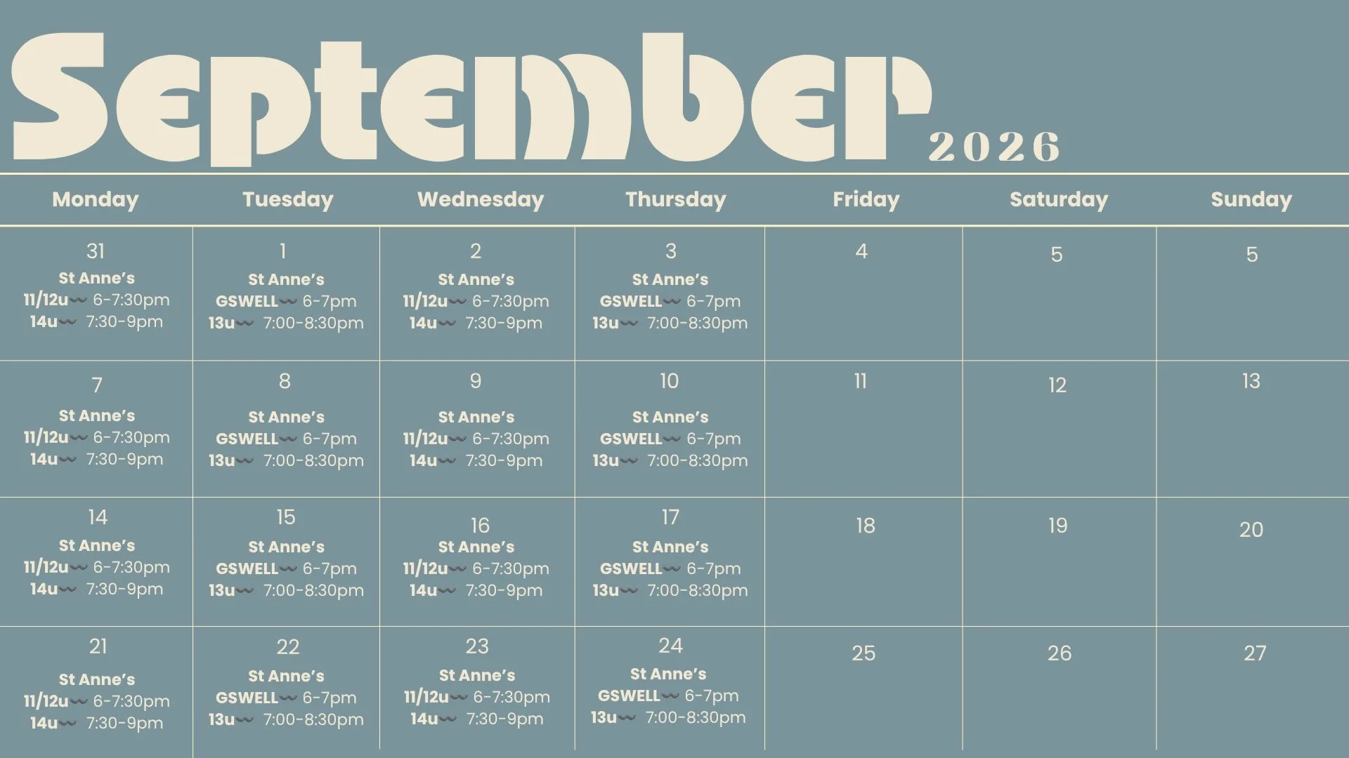 The September Calendar is locked in! September 1st we will be launching GroundSWELL, our Youth Development Program! We are so excited to welcome 8-13 year olds to our 1 hour volleyball skills clinics on Tuesdays and Thursdays!

In addition to GroundS