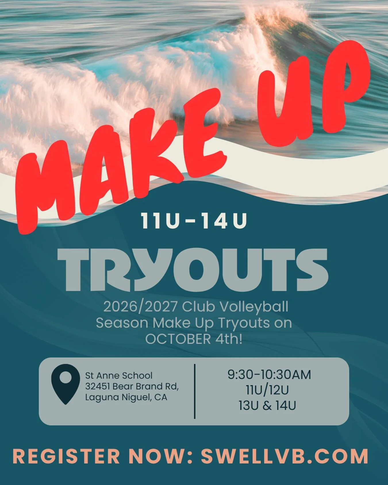 WE HAVE 11U-14U OPENINGS
ALL TEAMS, ALL POSITIONS

Joing our make up Tryout tomorrow at St Anne School from 9:30-10:30! 

Let&rsquo;s Make Waves