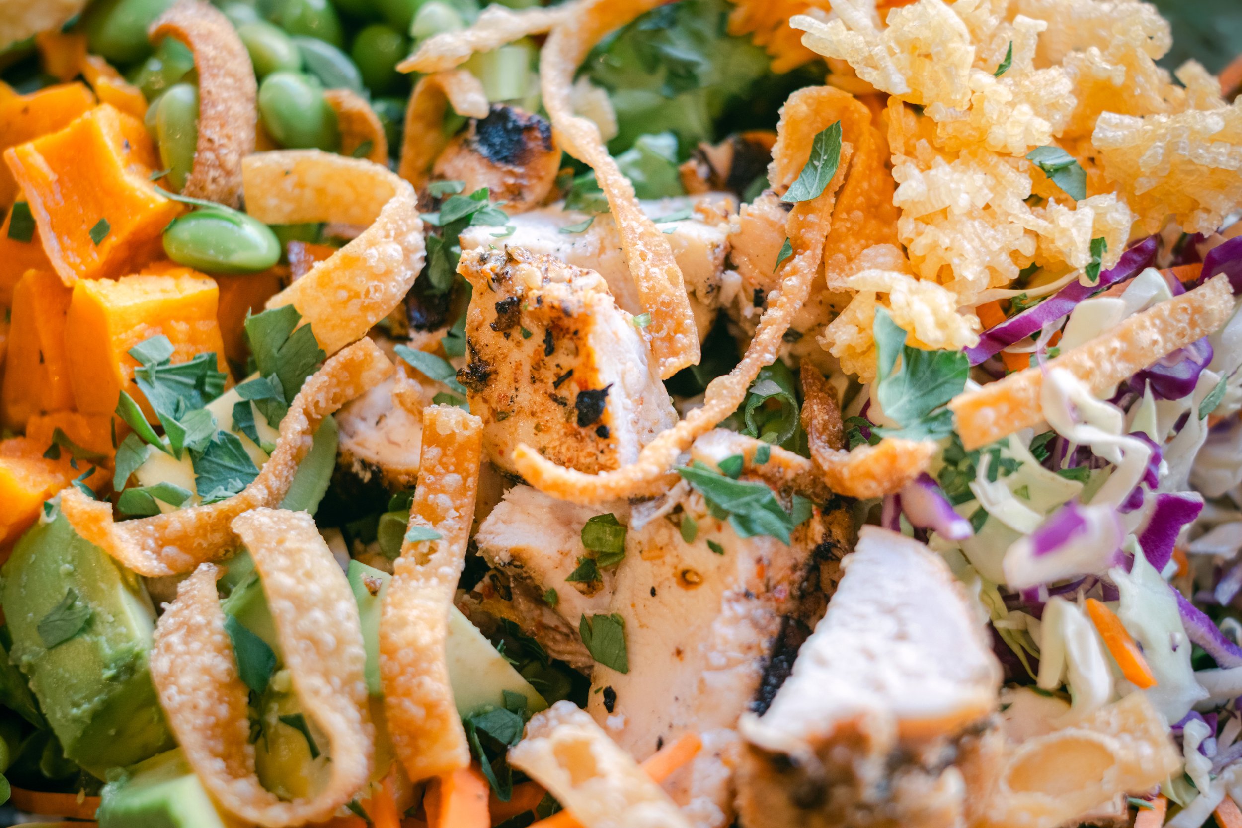 Close-up of a colorful salad with shredded cabbage, shredded carrots, chopped greens, cooked chicken pieces, avocado slices, crispy pita chips, and shredded cheese.