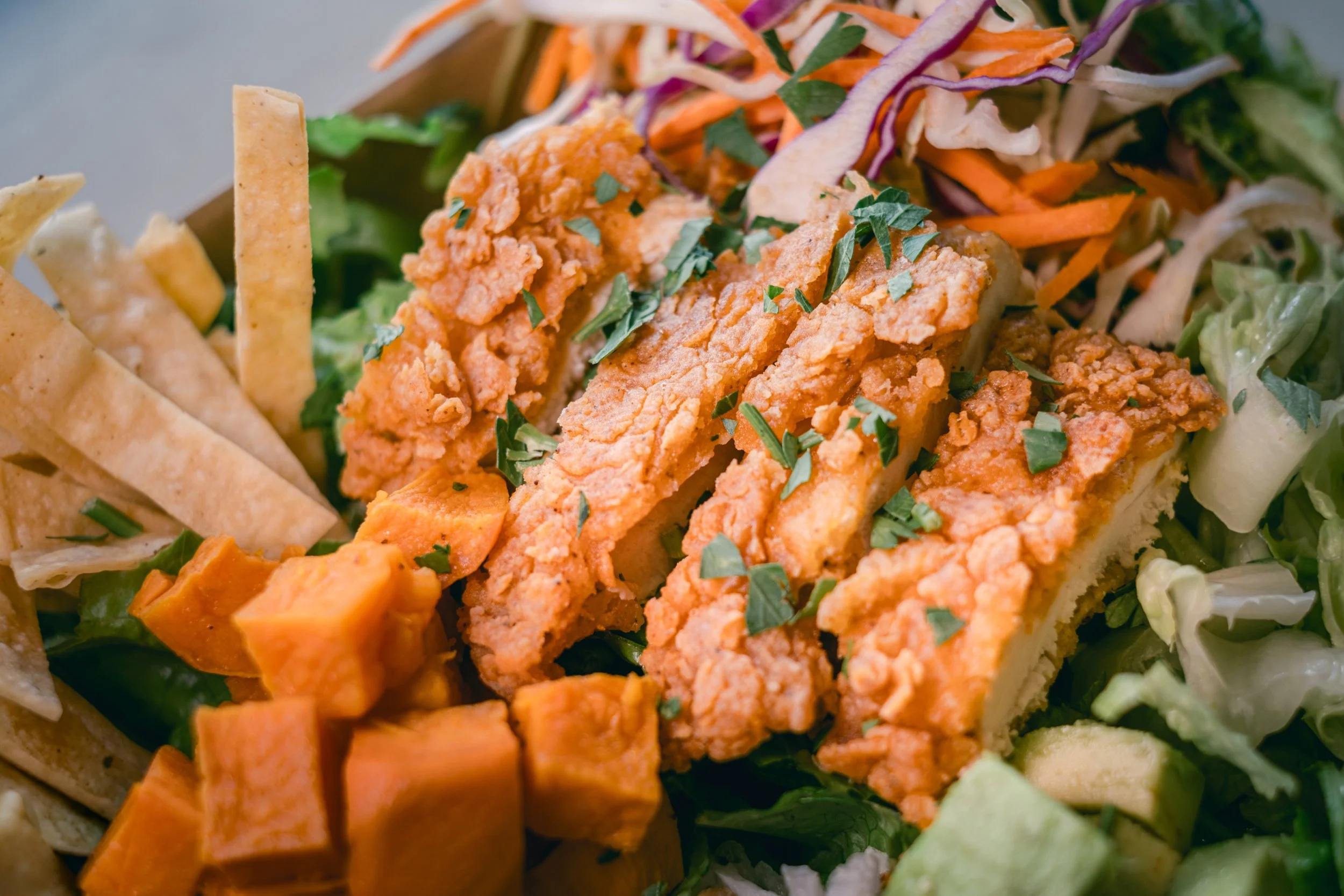 Close-up of a dish featuring battered fried chicken strips topped with chopped parsley, served with mixed green and shredded vegetables, and surrounded by golden french fries.