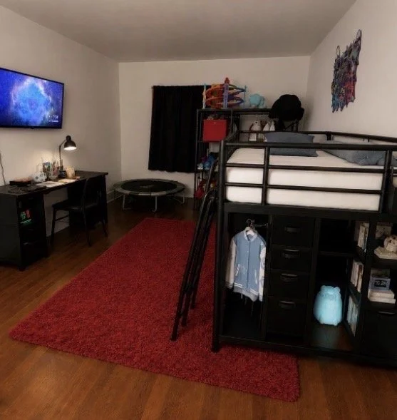 A bedroom with a loft bed, a desk, a TV, a trampoline, a red rug, and various decorations and storage.