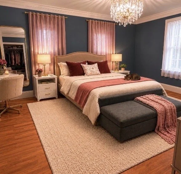 Cozy bedroom with a large bed, pink curtains, blue walls, a chandelier, and a cat lying on the bed.
